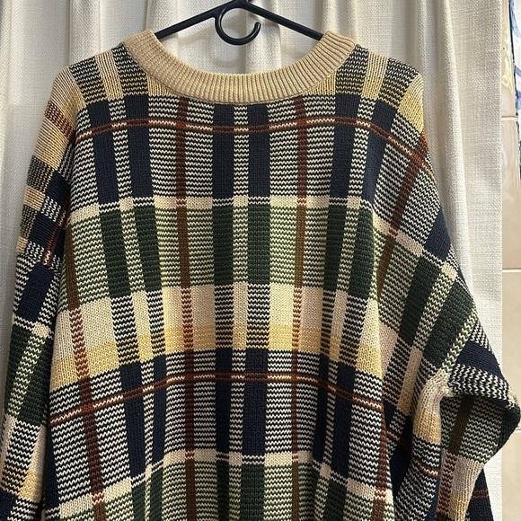 Men’s Y2K 90s Nautica Plaid Cotton Knit Crewneck Sweater Size XL - Picture 2 of 7